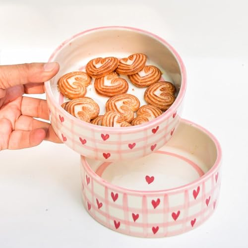 Image of Cute Heart Pattern Ceramic Bowl - Handmade, Checked Design | Breakfast, Soup, Snack Bowl | Dishwasher Safe