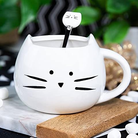 Cat Face Kitty Style 3D Coffee Tea Mugs with Spoon, 12OZ, White, Holiday, Halloweenee Tea Mugs, 12OZ, Holiday, Halloween (WHITE) Cover