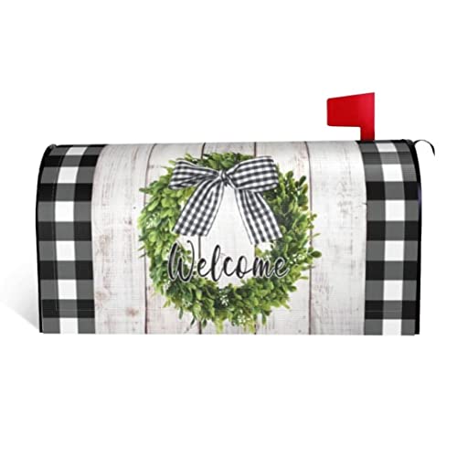 Spring Welcome Mailbox Cover Magnetic Standard Size 18" X 21", Wood Buffalo Plaid Wreath Mailbox Wraps Post Letter Box Cover Garden Yard Outdoor Decorations #TOP14