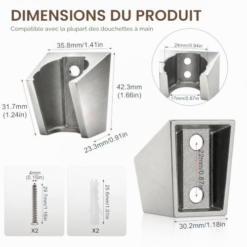 WJUAN Accroche Pommeau de Douche, 2 Emplacements Support Douchette, Fixation Pommeau de Douche en Acier Inoxydable 304, Brossée Argentée Porte de Douchette Mural, pour Maison, Hôtel, Salle de Sport – vue 2