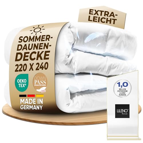 LILENO HOME Premium Bettdecke 220x240 Daunen (90% Daunen / 10% Federn) Flüsterleise & Wolkenweich extra leichte Bettdecke 220x240 Made in Germany Oeko-Tex & 60 C Waschbare Sommerdecke