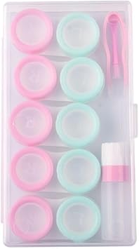 5 Pcs Contact Lens Cases, Contact Lens Holder Portable Eye Contacts Mini Case Container Set with L and R Caps Including Solution Bottle,Rubber-Tipped Pink and Green