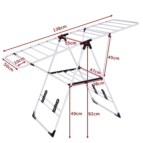 CASART Folding Drying Rack, 2-Level Clothes Airer with Height Adjustable Wing, Freestanding Steel Drying Rack for Clothes Socks Towels Shoes Quilts, No Assembly (with 18 Hanging Rails & Shoe Holder) - Image 5