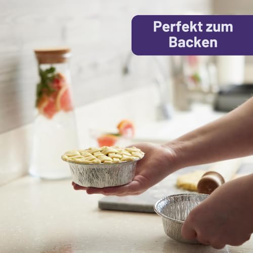 MATANA 100 Aluschalen Rund – 12 cm / 5 Zoll (250 ml), 4,5 cm tief | Schwerlast-Aluminium Alu Backformen/Alubackformen – Für Linzertorte, Quiche, Tarte, Kuchen & Desserts – Ofenfest & Gefriergeeignet