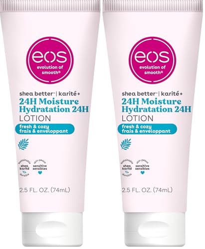Image of eos 24H Moisture Travel Body Lotion- Fresh & Cozy,Travel Size Essential,Toiletries,Mini Body Lotion,2.5 fl oz,(Pack of 2)