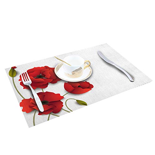 Red Poppy Flower Placemats, Cotton Linen Heat Proof Table Mats Set Of 4 Non-Slip Washable Placemat For Valentine's Day Christmas Holiday Dining Kitchen Spring Floral Decor #TOP1