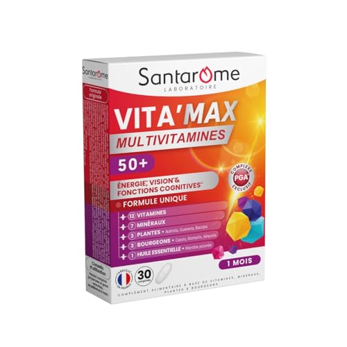 Santarome Bio - Vita'max Multivitamines Sénior - 12 Vitamines & 7 Minéraux, Acérola - Complément alimentaire Tonus et Vitalité - 30 comprimés