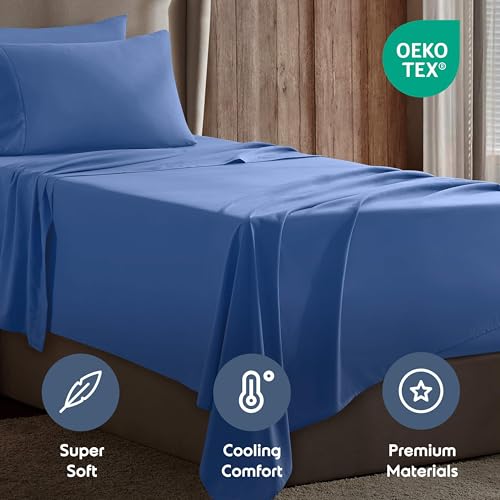 Image of Nestl Twin Bed Sheet Set - Calm Blue - 3-Piece Deep Pocket | Instantly Soft, Night-One Ready (No Wash Required). Fits 16-Inch Deep Pockets, 360-Degree Elastic Grip