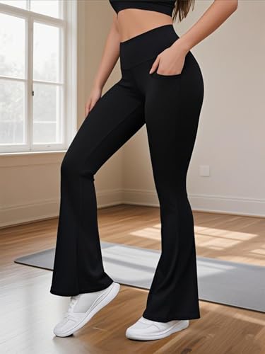 Women's Yoga Pants Flare Bootcut Leggings High Waisted with Pockets, Black, Small