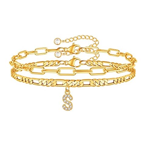 BRIJEWLIC Gold Ankle Bracelets for Women, 14K Gold Plated Initial S Gold Anklets for Women Ankle Bracelets Figaro Chain Anklets for Paperclip Chain Anklet Bracelets for Women Gold Jewelry for Women Cover
