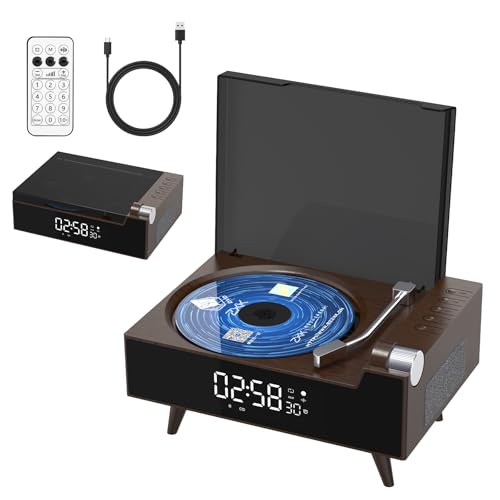CD Player with Bluetooth, Hi-Fi Speakers, FM Radio, LED Display, Timer, USB/AUX Support (Dark Brown)