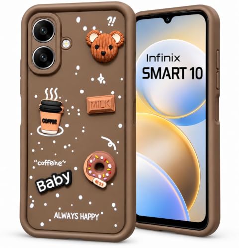 Image of Bintage Back Cover Compatible ForInfinix SMART 10 4G | Cute 3D Taddy Ball Bear Milk Cake Coffee Silicon Case Full Body & Camera Protection - Brown