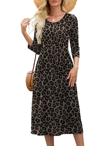 Image of Heymoments Women's Casual 3 /4 Sleeve Midi Dress Crewneck A Line Tiered Flowy Loose Travel Long Dresses with Pockets