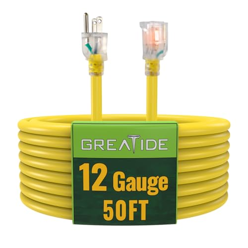 Outdoor Extension Cord with Lighted End, 12 Gauge Heavy Duty Extension Cord 50 FT, 3 Prong Grounded 15 Amp Extension Cord, 12/3 SJTW Waterproof Power Cord for Appliance, UL Listed, Black