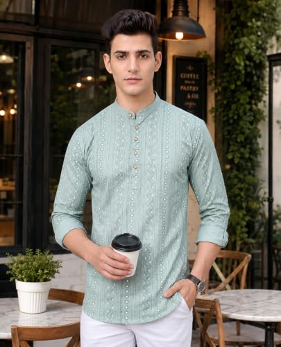 Image of Majestic Man Men's Cotton Regular Fit Short Printed Designer Kurta