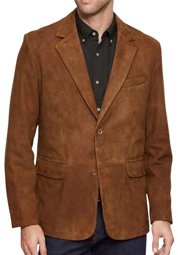 Men's V-Neck Suede Blazer 2- Buttons Retro Casual Slim Fit Faux Leather Sports Jacket