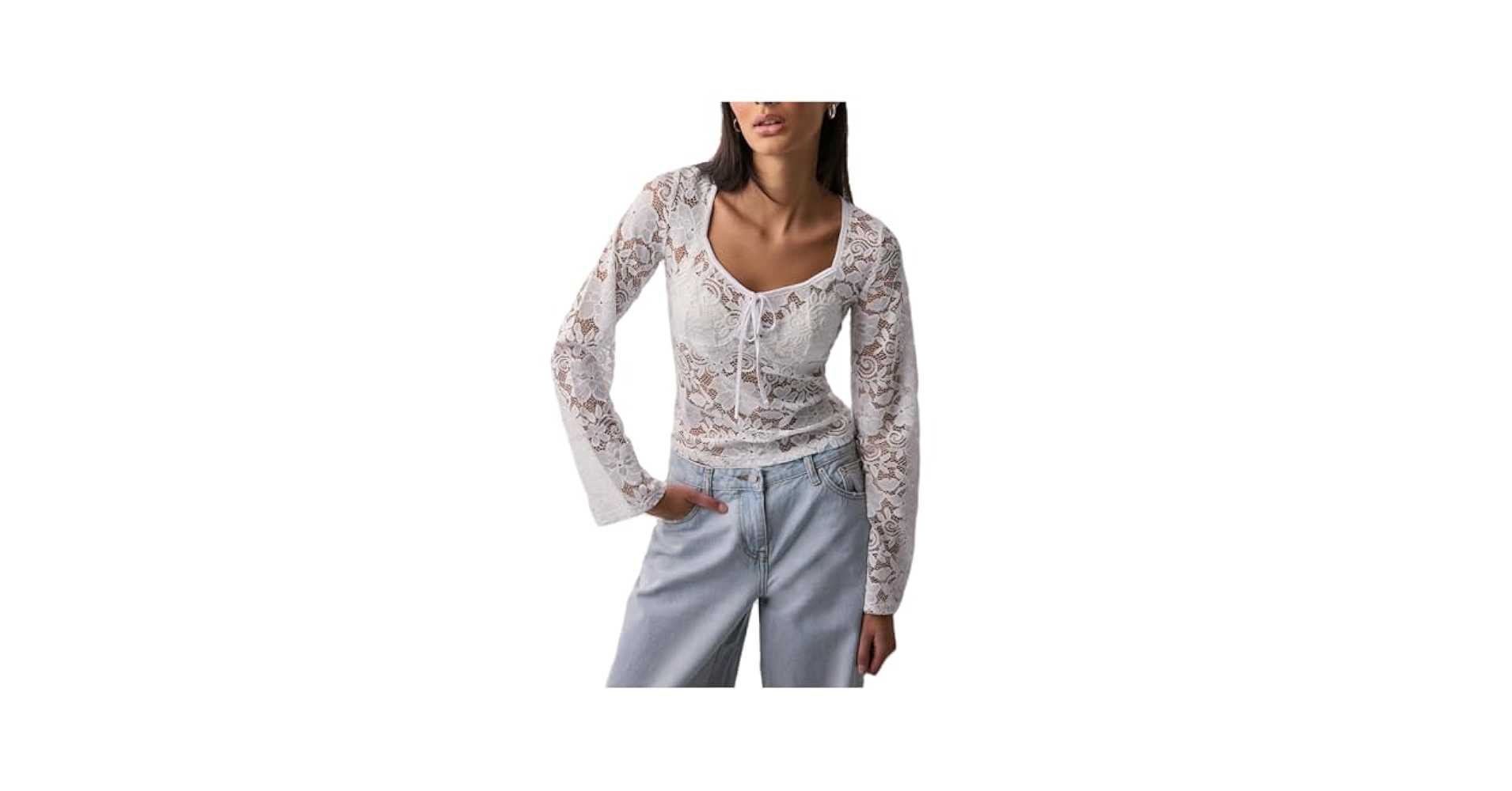 Women Tie Front Sheer Lace Top Sexy Scoop Neck Mesh See