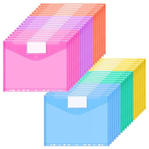 HOMIKLSA 36 Stück Dokumententasche A4, 6 Farben Wasserdichte Dokumentenmappe, 11 Lochrand Sammelmappen A4 mit Etikettentasche, Bunte Mappen für Dokumente Organisieren, Bürobedarf, Hausaufgaben