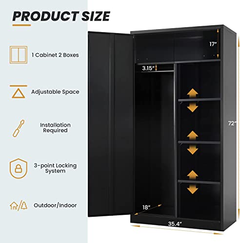 Atripark Metal Storage Cabinet With Locking Doors, 72" Tall Storage Wardrobe With Lock And Hanging Rod, Steel Storage Locker Closet With 4 Adjustable Shelves For Home Office, Garage, Black #TOP1