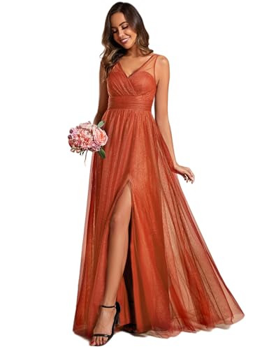 Ever-Pretty Abiti da Cerimonia Donna Lunghi Eleganti Tulle Senza Maniche Abito da Sera con Spacco Vestito da Paillettes Collo Alto Scollo a V Arancione 40