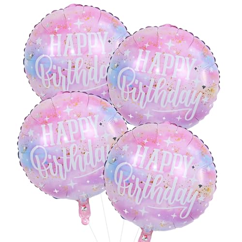 18 Inch Happy Birthday Foil Balloons, 4Pcs Pastel Pink Purple Blue Cloud Helium Mylar Round Birthday Balloons with Stars for Teen Girl Women Outer Space Starry Galaxy Baby Shower Party Decorations