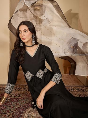 Image of EthnicJunction Women's Cotton Silk Embroidered Anarkali Kurta Palazzo with Digital Print Dupatta Set