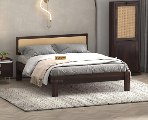 Image of SUNCOM Wooden Queen King Bed for Bedroom | Wooden Double Bed | Platform Cot Bed with Upholstered Cushioned Headboard | 6.5 x 6 Ft | Sheesham Solid Wood, Walnut Finish