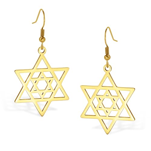 VASSAGO Star of David Earrings for Women Jewish Star with Cross Dangle Drop Earrings Stainless Steel Six pointed Star Earrings Israel Religious Jewish Hanukkah Jewelry Gift (Gold Star of David-2)