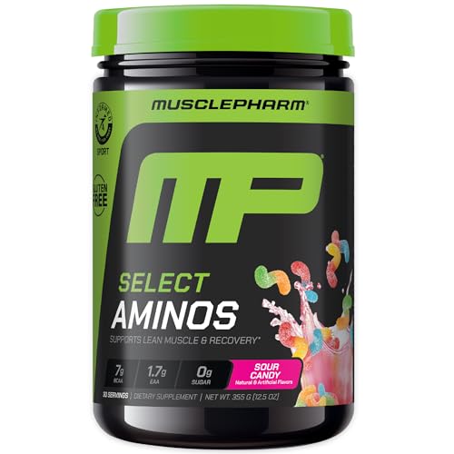 MusclePharm Select Amino's EAA + BCAAs, Post Workout Essential Amino Acids Powder, Pre Workout Energy Supplement for Men & Women with Branched Chain Amino Acids, 30 Servings (Sour Candy)
