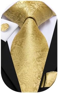 Dubulle Mens Ties Set Woven Paisley Stripes Necktie Handkerchief Cufflinks Wedding Business Tie, A Gold, M