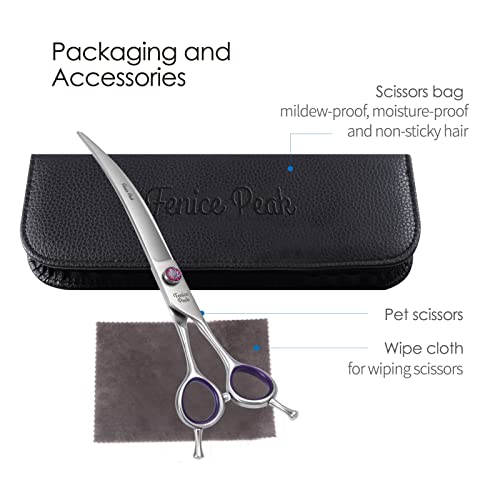 Fenice Peak 8‘’ Curved Dog Grooming Scissors With Purple Finger Rings And Flashing Screw Professional 440C Stainless Steel Natural Color Pet Trimming Shears With Offset Handle Durable And Sharp #TOP6