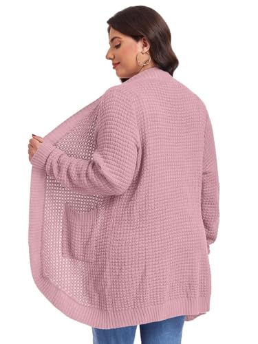 Image of LARACE Long Cardigans for Women Plus Size Tops Open Front Sweaters with Pockets Waffle Ribbed Sleeve Loose Fall Outwear