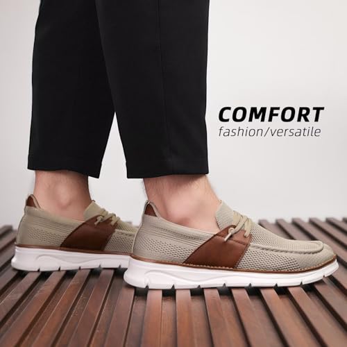 Image of Mens Casual Slip in Boat Shoes Fashion Lightweight Slip On Loafers Walking Beach Sneakers Work Mesh Oxfords Soft Sole Khaki
