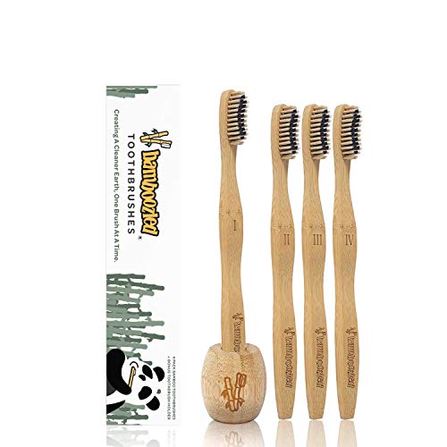 Bamboozled | Bamboo Toothbrush | BPA Free | Charcoal Infused Soft Bristles | Environmentally Friendly & Biodegradable | Set of 4 | Bamboo Toothbrush Holder | The Natural Way to Whitening Your Teeth