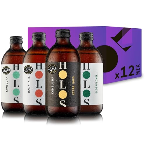 HOLOS Premium Kombucha Mixed Case 12 x 330ml bottles | 3x Citra Hops 3x Ginger & Hibiscus 3x Elderflower and 3x Basil & Mint | Authentic small-batch, low-Sugar & unpasteurised, all-natural ingredients