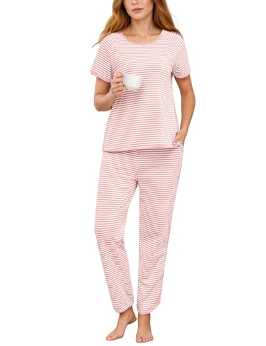 Womens Striped Pajamas Sets 2 Piece Cotton Comfy Lounge Set Short Sleeve Pjs Crewneck Loungewear with Pockets