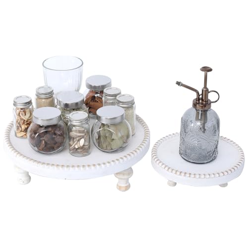 SwallowLiving Rustic Set of 2 White Round Wood Tray Riser Farmhouse Pedestal Stand with Beaded Edge for Decor Whitewash Finish Wooden Cupcake Display for Cakes and Decorative Items 11.8/7.5 inches - Thumbnail 7