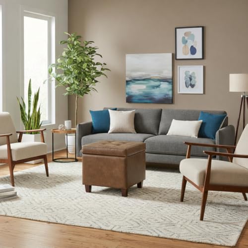 HomePop Square Tufted Storage Ottoman - Distressed Brown Faux Leather Small - Thumbnail 4
