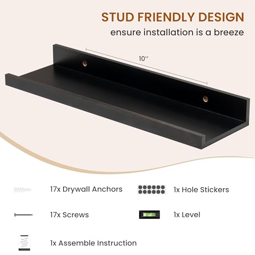Axeman Picture Ledge Shelf, Floating Shelves for Decor Storage Set of 6, 16 inch Floating Wall Mounted Shelves, Wall Shelves with Lip for Living Room, Bedroom, Nursery, Bathroom, Kitchen, Black