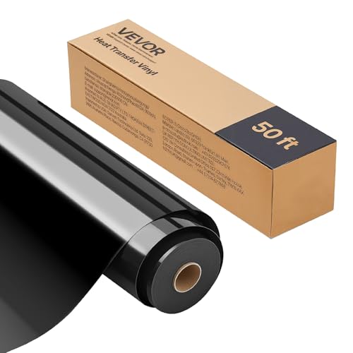 Image of VEVOR Heat Transfer Vinyl, 12 in x 50 ft, Glossy Black HTV Iron on Vinyl Roll, Easy to Cut and Weed, Strong Adhesion, Compatible with Cutting Machines, for Various Materials, T-Shirts, Pillows, Hats