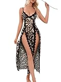 Foxiny Sexy Side Split Long Lace Sheer Lingerie Dress V Neck Night Gowns with Thong 2 Piece Set Women Slip Mesh Babydoll Sleep Wear Negligee Nighty Pajama Floral Brown Leopard Medium
