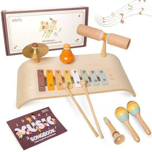 Kids Drum Set, 6 in 1 Musical Instruments for Toddlers 3+ with Songbook of 13 Kids Songs, Wooden Music Montessori Toys, Baby Drum Set