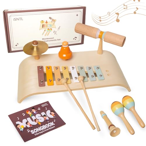 iSNTL Wooden Montessori Toddler Toys, 6 in 1 Baby Musical Toys Set with Desk Bells, Xylophone, Maracas, Sticks, Clarinet, Cymbal, Preschool Wooden...