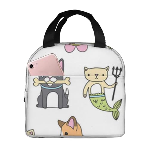 断熱ランチバッグ 大容量 防水 熱漏れ防止 スタイリッシュで丈夫 仕事、学校、アウトドア活動に便利 男女兼用 (犬 かわいい漫画 ピンバッジ マーメイド アップリケ アティテュード ボストン)