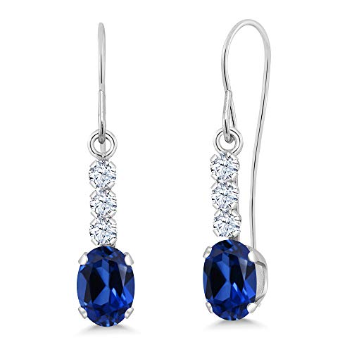 Gem Stone King 10K White Gold Blue Created Sapphire and White Zirconia Drop Dangle Earrings For Women | 1.54 Cttw | Gemstone September Birthstone | Oval 6X4MM