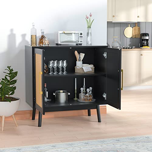 Carpetnal Sideboard Buffet Cabinet, Modern Rattan Storage Cabinet With Double Doors And Adjustable Shelves, Accent Cabinet For Living Room, Bedroom, Hallway (Black) #TOP5
