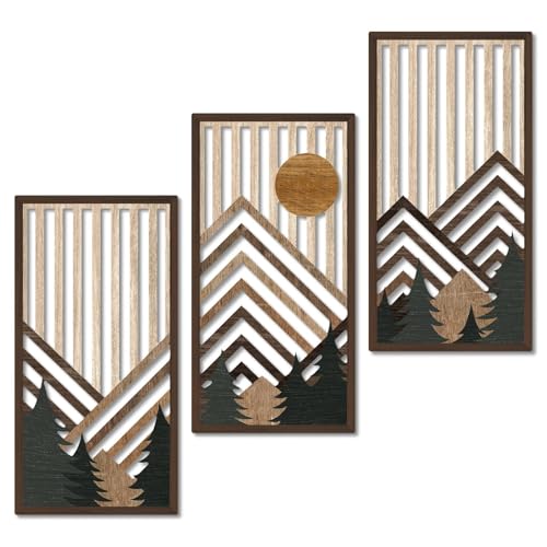 Putuo Decor Lot 3 Tableaux muraux encadrés, Paysage Montagne géométrique Noir Beige doré, Style Moderne scandinave, Cadres Bois, décoration Salon Chambre...
