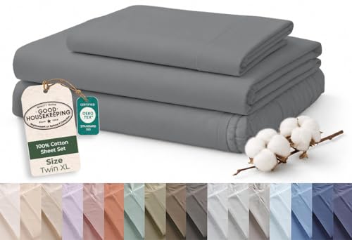 Image of ROYALE LINENS 100% Organic Cotton Twin XL Sheet Set - 16 inch Deep Pocket Bed Sheets - Grey Bed Sheets - Sabanas Twin XL - 1 Flat, 1 Fitted & 1 Pillowcases - Grey Sheet Set - Cotton Bedding Sets