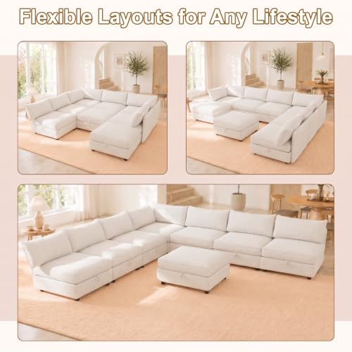 Image of 125 inch 8 Seat Modular Sectional Sleeper Sofa, Chenille Modern Modular Sofa Bed Hidden Storage, Convertible L&U Shaped Sleeper Couch with Ottoman, Couches for Living Room, Gray