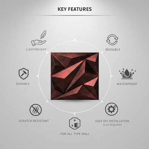Image of Kayra Decor 3D PVC Wall Panels - Diamond Design, Red Coper Rust Color 19.7 inch x 19.7 inch (Pack of 6) - Covers 16.17 Sq. Ft.